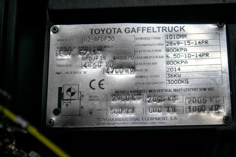 Toyota Tonero 028FDF30 begagnad motviktstruck typskylt