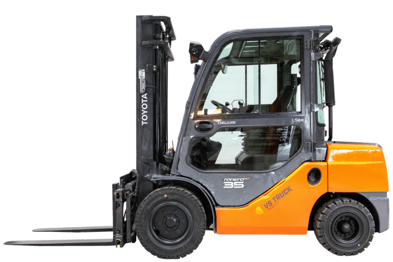 begagnad orange diesel motviktstruck med hytt från toyota