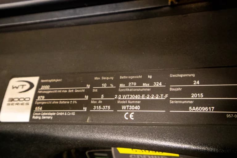 53090 Crown WT3040-E begagnad låglyftare typskylt