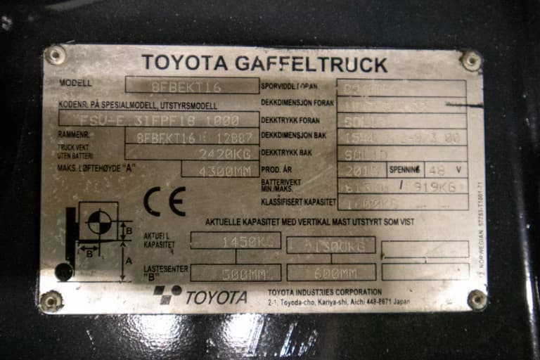 Typskylt på en Toyota traigo 8FBEKT begagnad motviktstruck