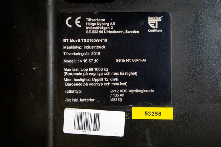 BT Movit TSE100W-710 typskylt